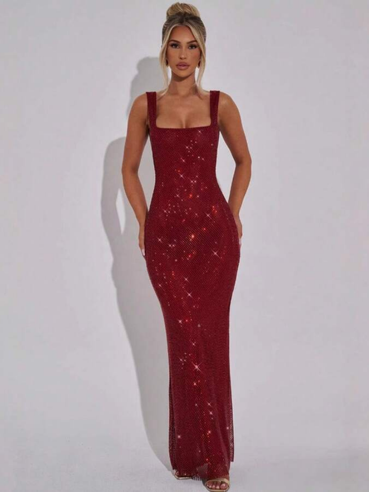 Berenice Women's Square Neck Bodycon Maxi Dress, Rhinestone Cocktail Dress