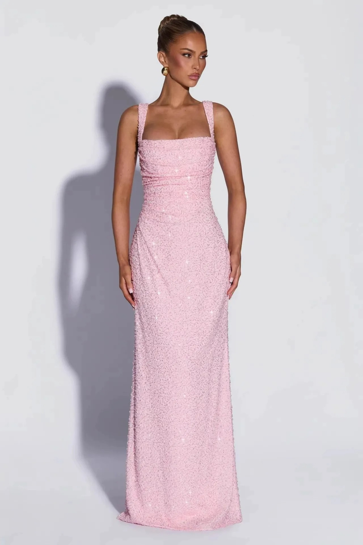 Cariadne Women's Square Neck Sequin Maxi Dress, Formal Gala Dress – Light Pink