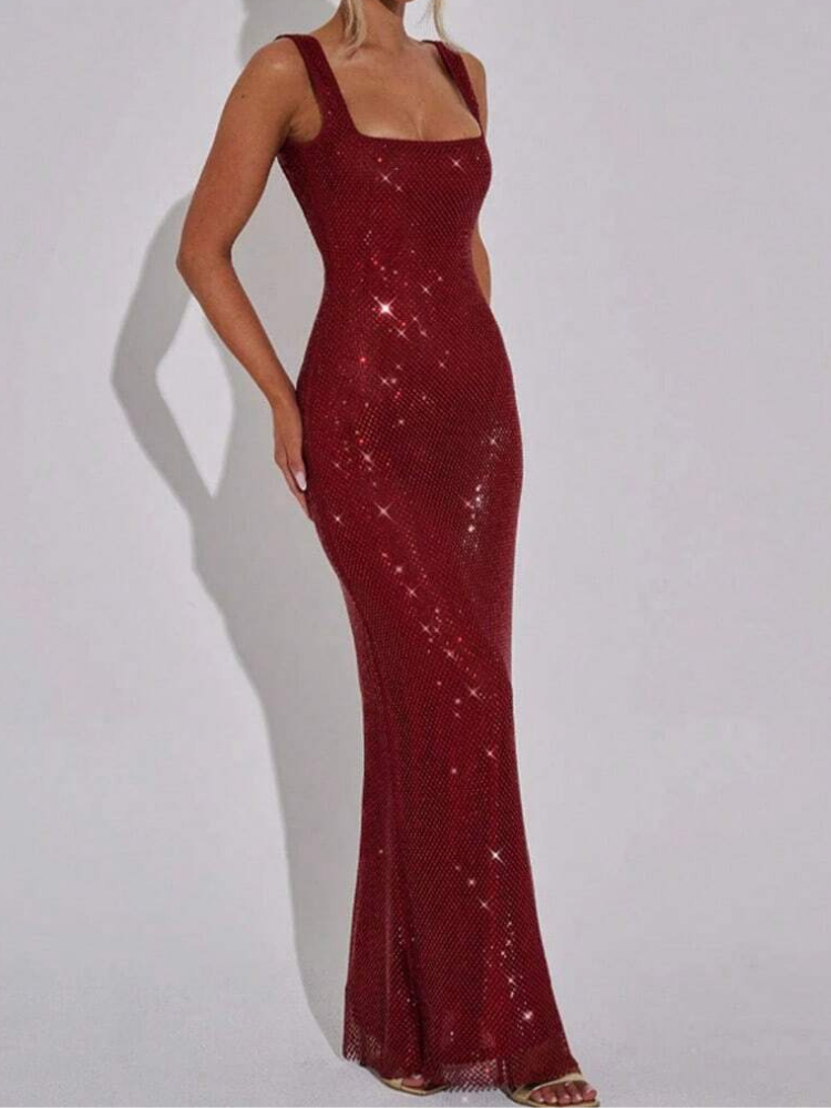Berenice Women's Square Neck Bodycon Maxi Dress, Rhinestone Cocktail Dress
