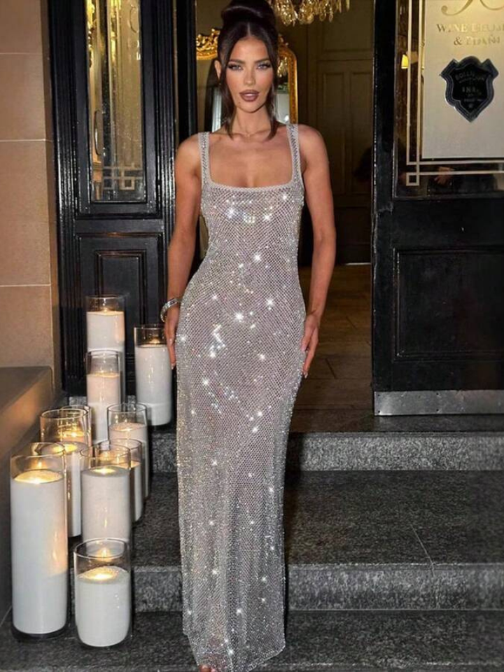 Berenice Women's Square Neck Bodycon Maxi Dress, Rhinestone Cocktail Dress