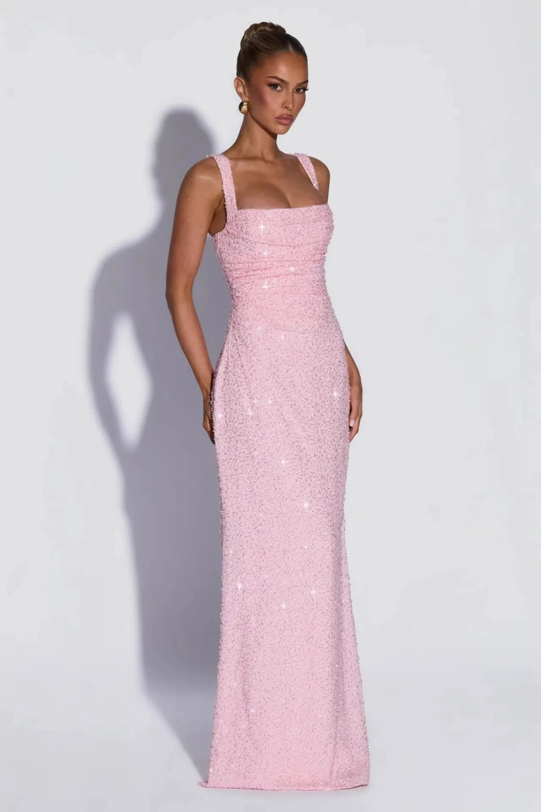 Cariadne Women's Square Neck Sequin Maxi Dress, Formal Gala Dress – Light Pink