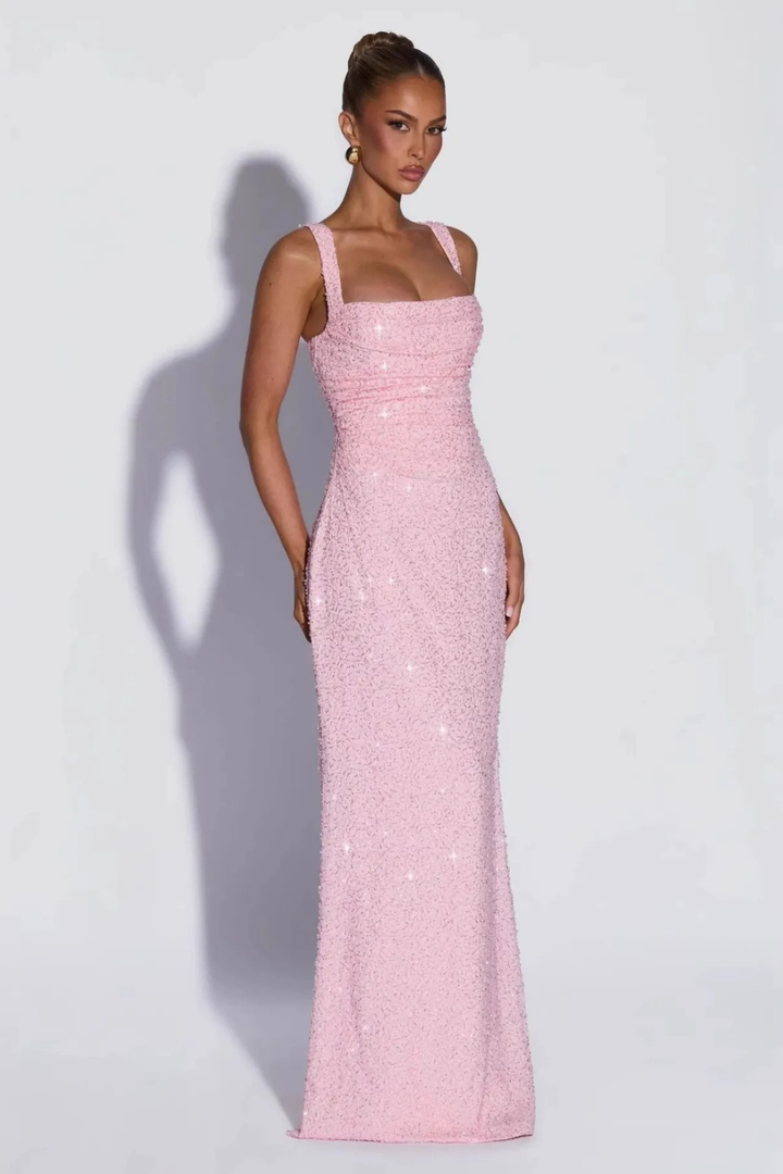 Cariadne Women's Square Neck Sequin Maxi Dress, Formal Gala Dress – Light Pink