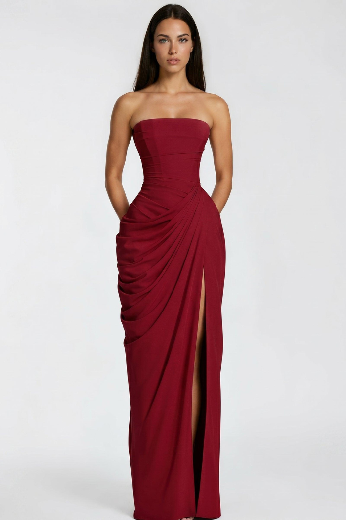 Cosette Women's Strapless Ruched Bridesmaid Dress, High Slit Maxi Dress