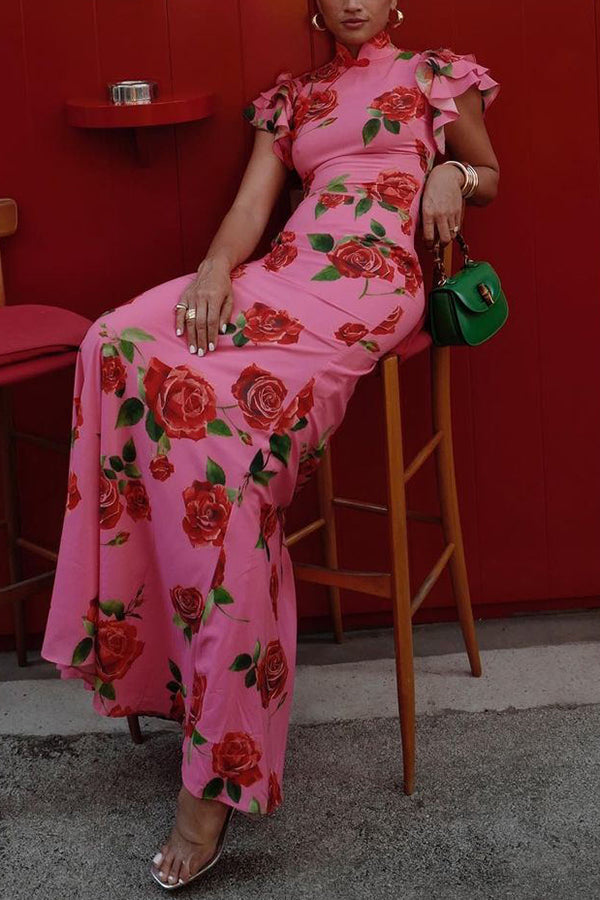 rose print maxi dress Timotea Rose Print Flutter Sleeve Wedding Guest Maxi Dress – AZZURRA