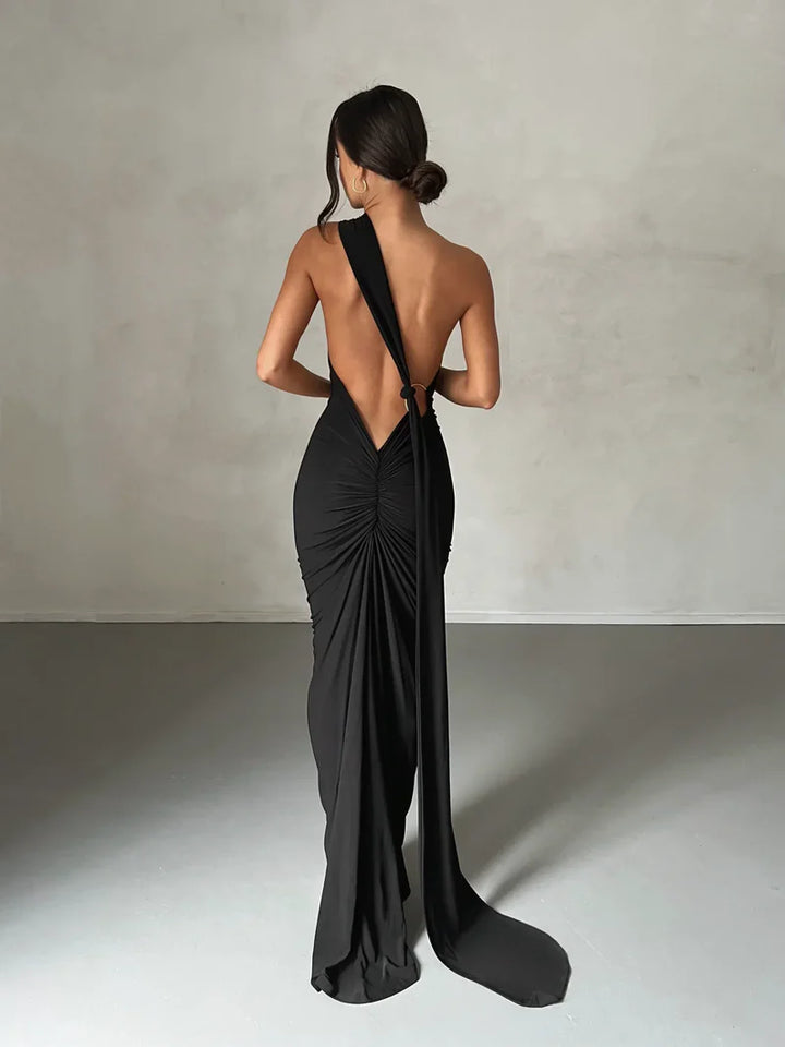 Ysolde Sculpted Halter Black Tie Wedding Guest Maxi Dress