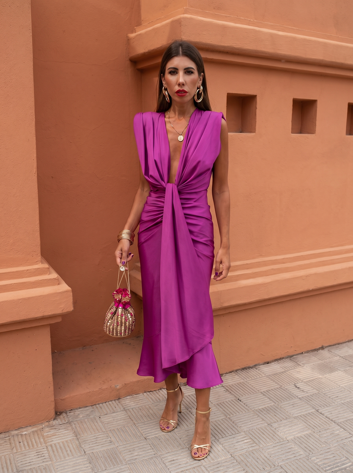 Lena Twisted Deep V Midi Dress