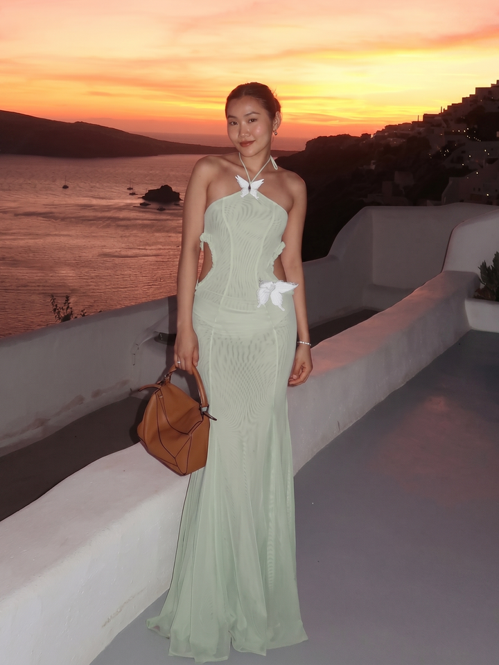 Sage Halter Butterfly Maxi Dress