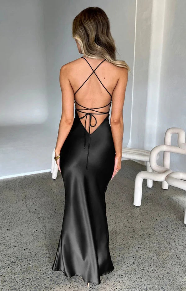 Bellarose Satin Black Tie Wedding Guest Maxi Dress