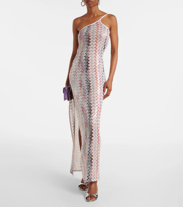 Aviana Chevron Sequin One Shoulder Cocktail Maxi Dress