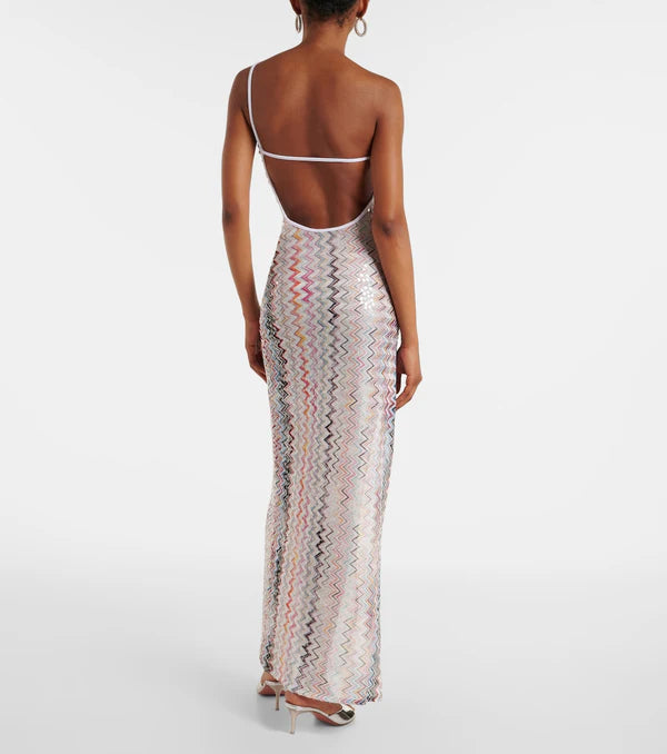 Aviana Chevron Sequin One Shoulder Maxi Dress
