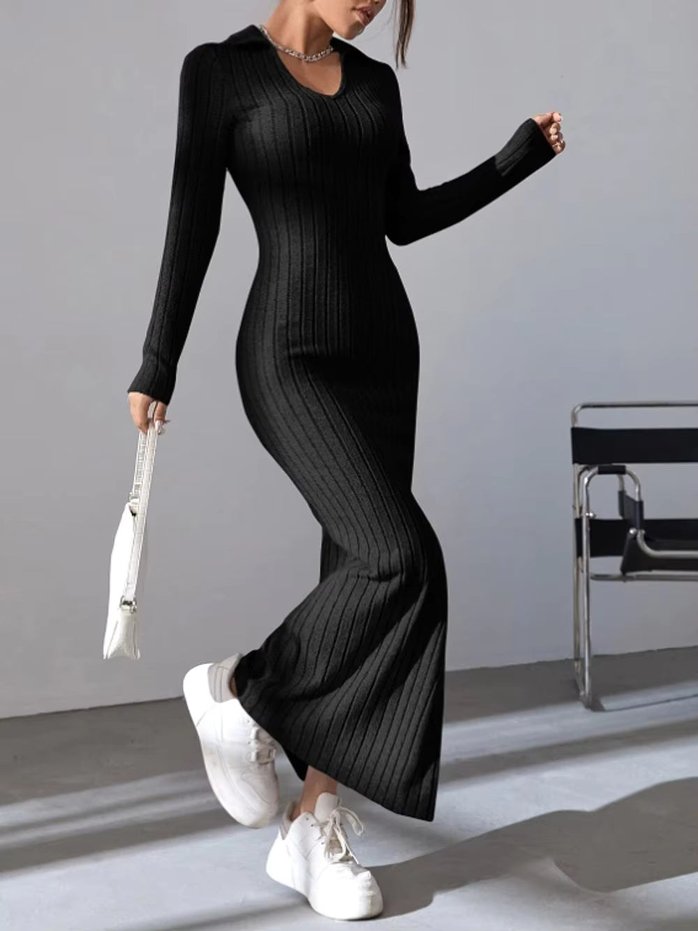 Kinsley Ribbed Collared Long Sleeve Sweater Maxi Dress