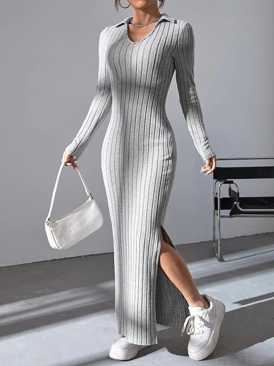 Kinsley Ribbed Collared Long Sleeve Sweater Maxi Dress