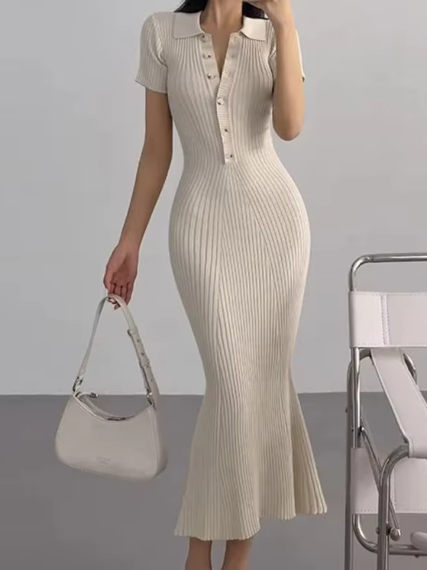 Teagan Ribbed Polo Button Front Sweater Midi Dress