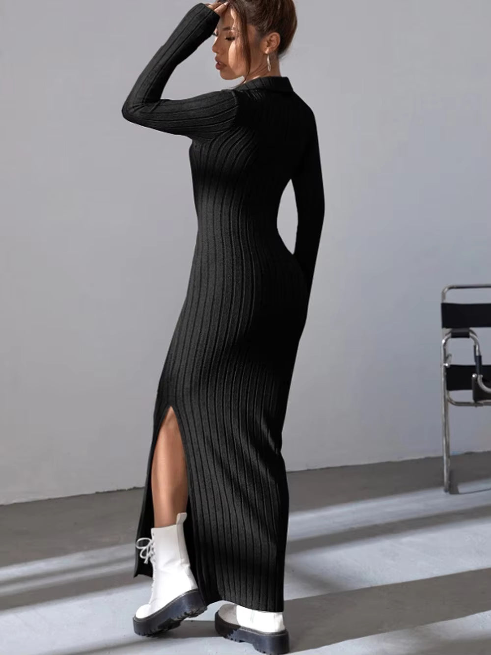 Kinsley Ribbed Collared Long Sleeve Sweater Maxi Dress