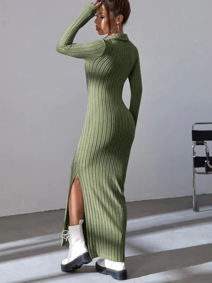 Kinsley Ribbed Collared Long Sleeve Sweater Maxi Dress