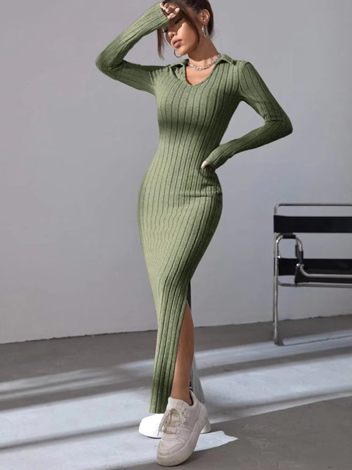Kinsley Ribbed Collared Long Sleeve Sweater Maxi Dress