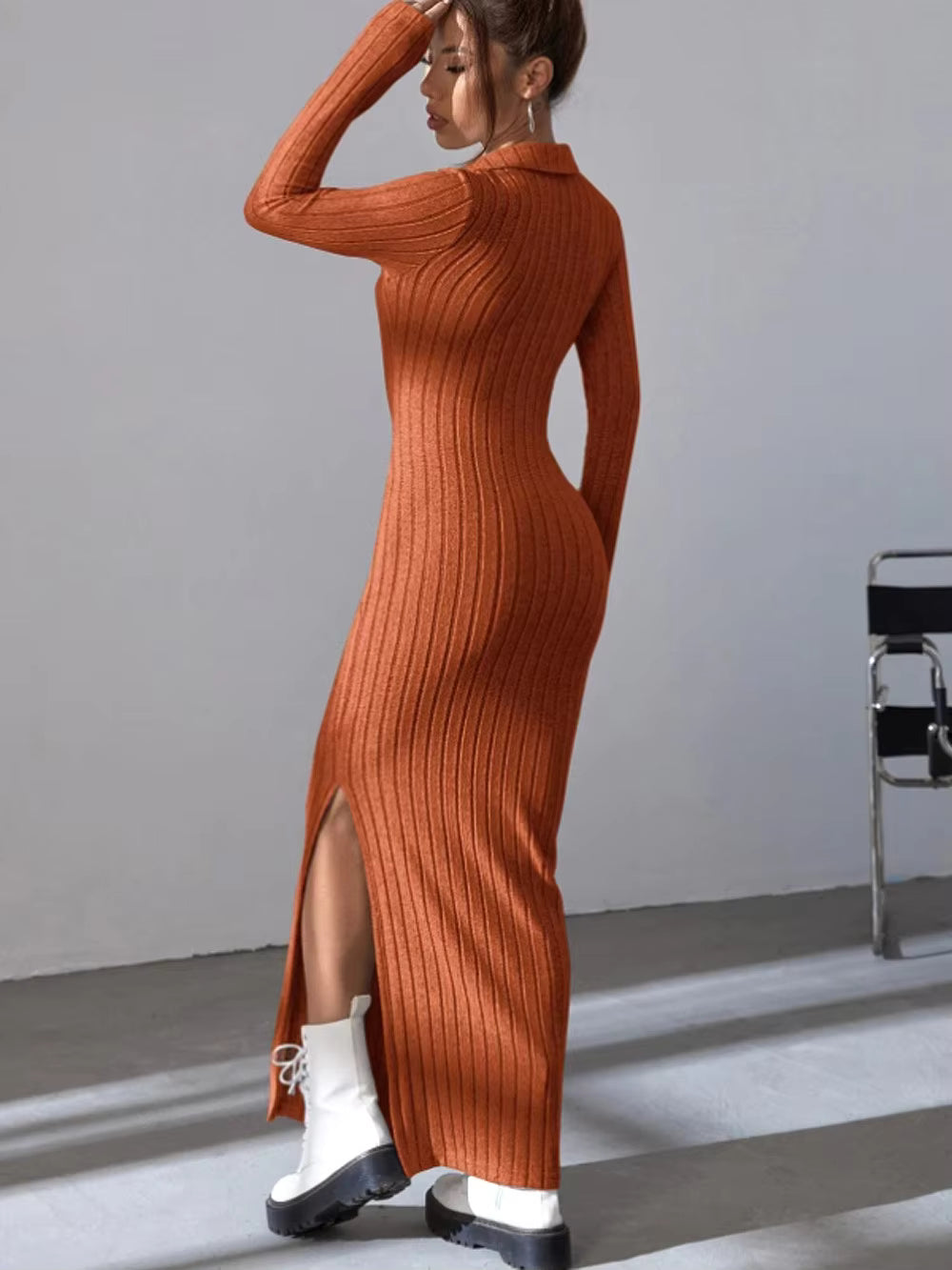 Kinsley Ribbed Collared Long Sleeve Sweater Maxi Dress