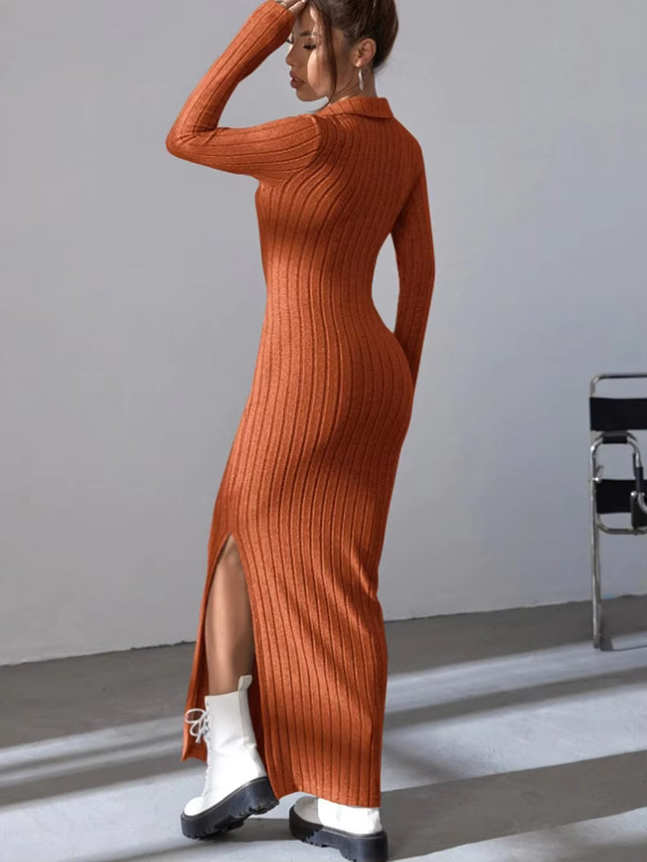 Kinsley Ribbed Collared Long Sleeve Sweater Maxi Dress