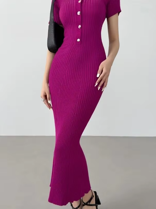 Teagan Ribbed Polo Button Front Sweater Midi Dress