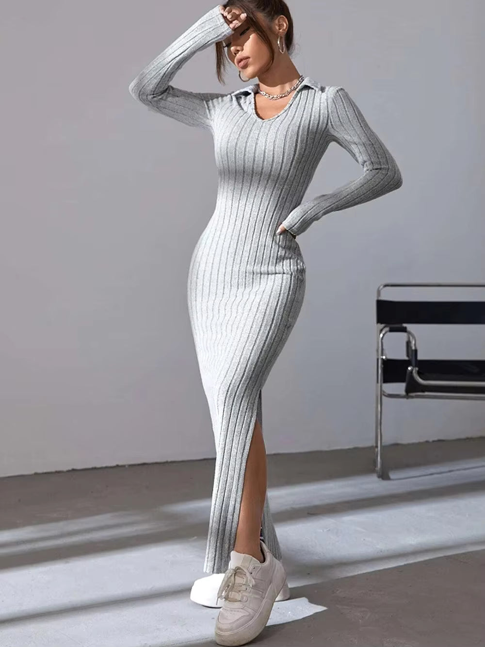 Kinsley Ribbed Collared Long Sleeve Sweater Maxi Dress