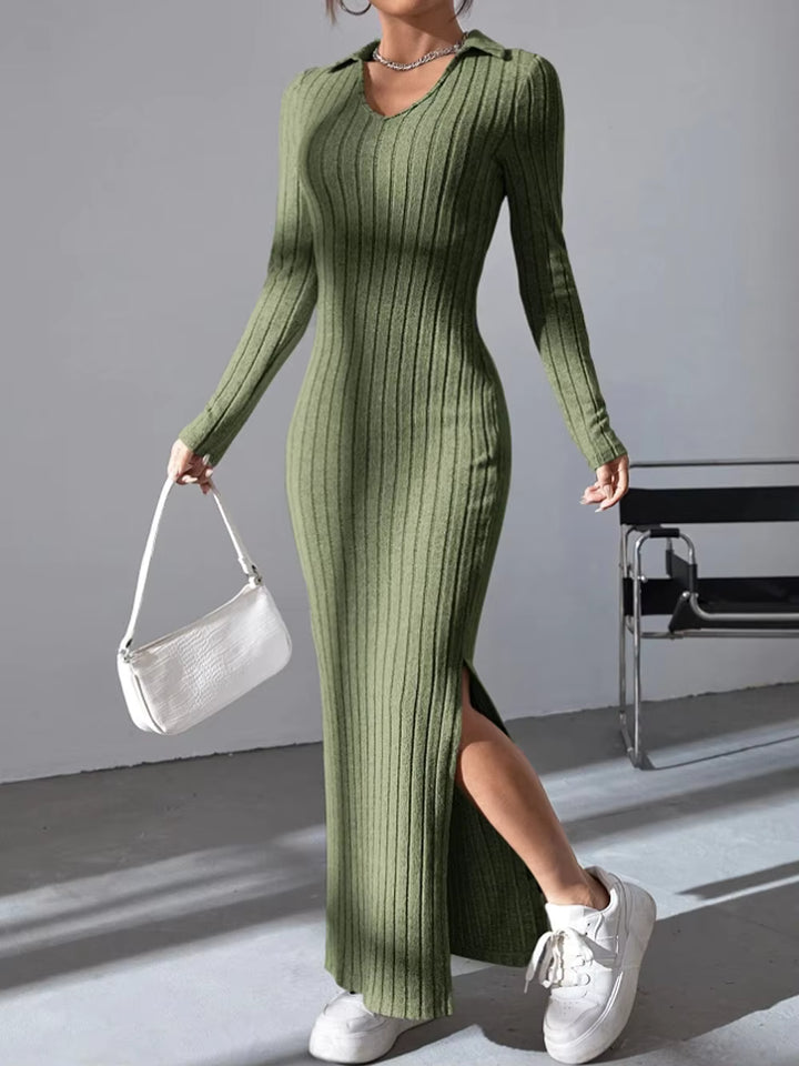 Kinsley Ribbed Collared Long Sleeve Sweater Maxi Dress