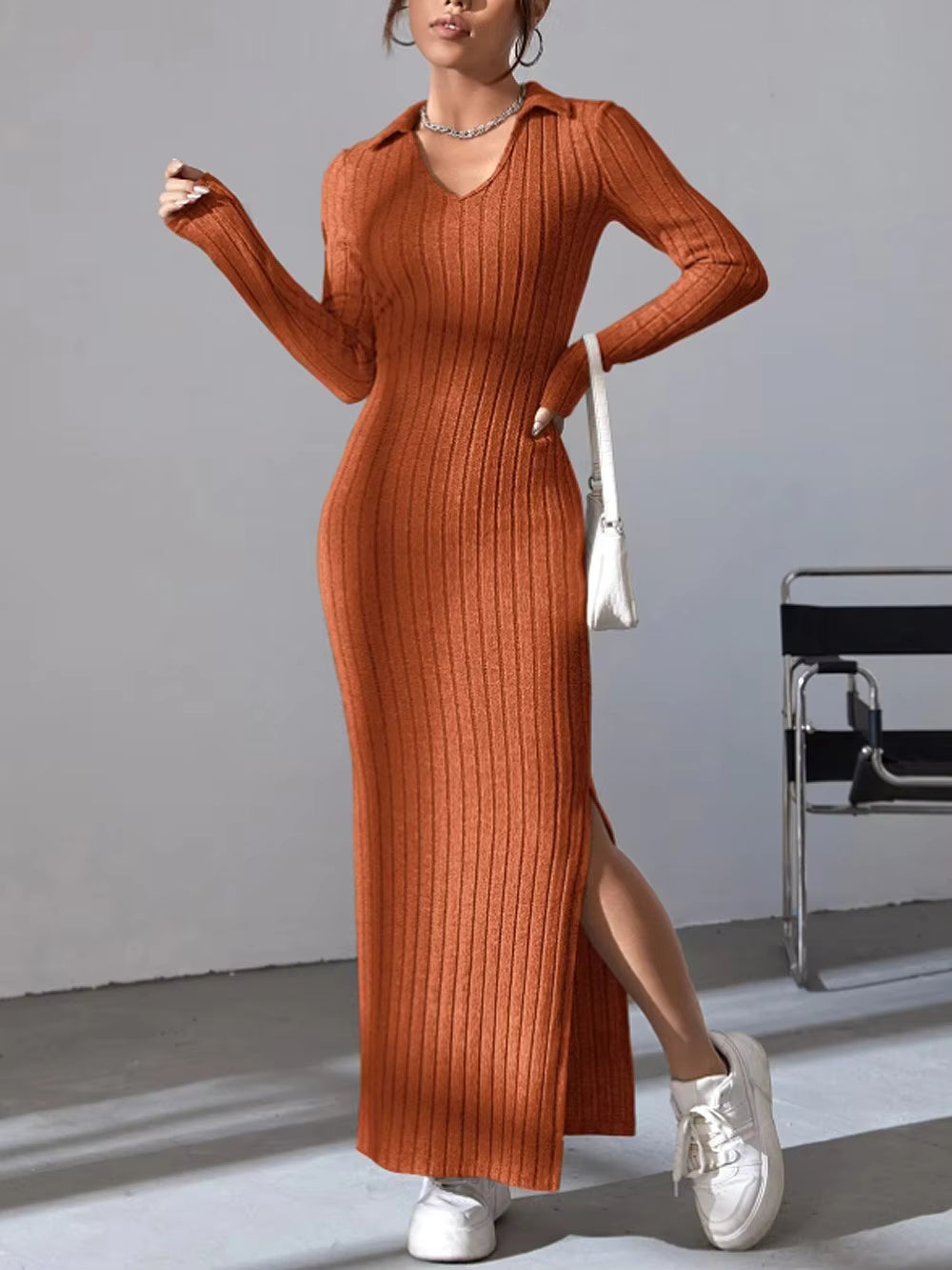 Kinsley Ribbed Collared Long Sleeve Sweater Maxi Dress