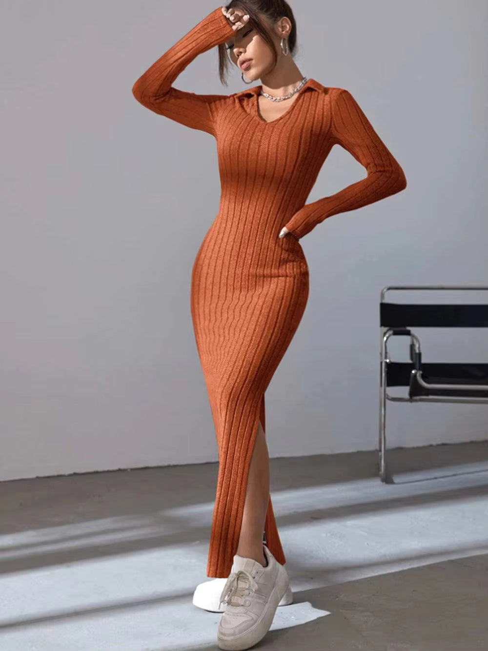Kinsley Ribbed Collared Long Sleeve Sweater Maxi Dress