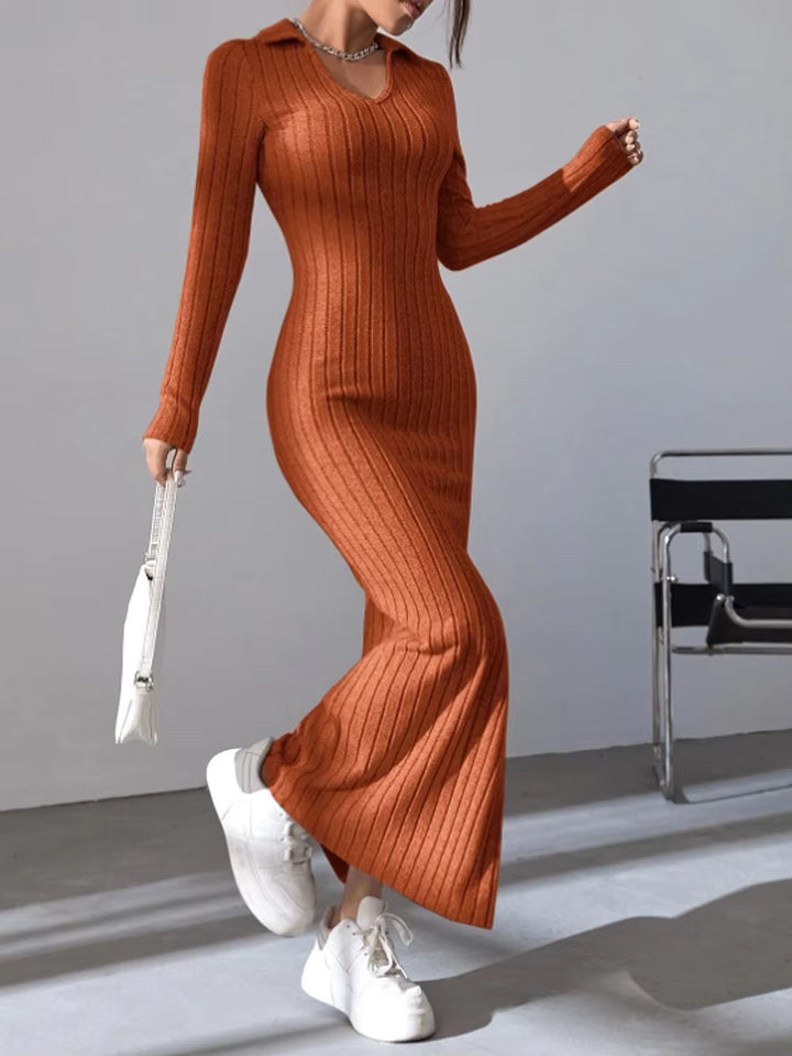 Kinsley Ribbed Collared Long Sleeve Sweater Maxi Dress