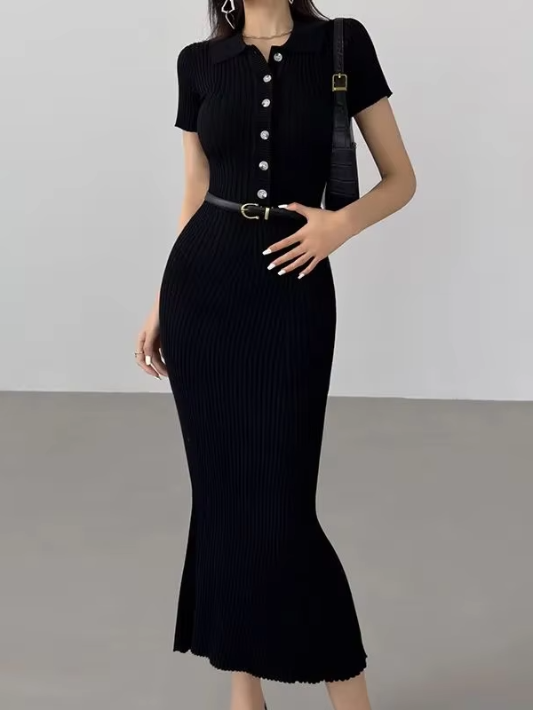 Teagan Ribbed Polo Button Front Sweater Midi Dress