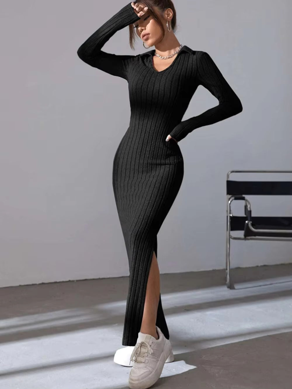 Kinsley Ribbed Collared Long Sleeve Sweater Maxi Dress