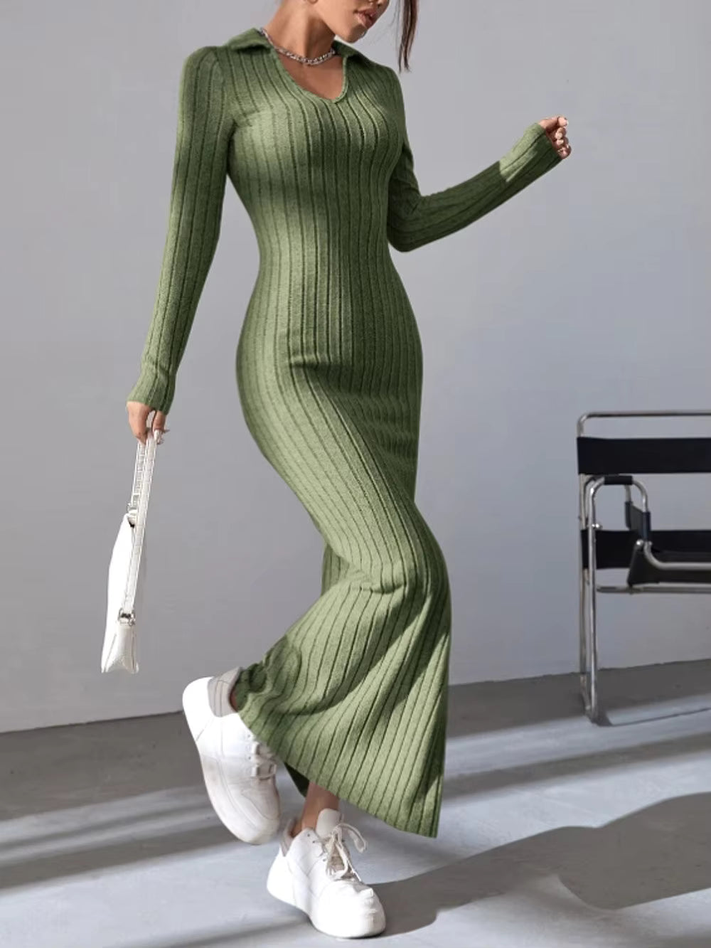 Kinsley Ribbed Collared Long Sleeve Sweater Maxi Dress