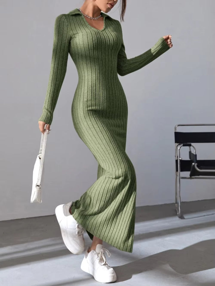 Kinsley Ribbed Collared Long Sleeve Sweater Maxi Dress