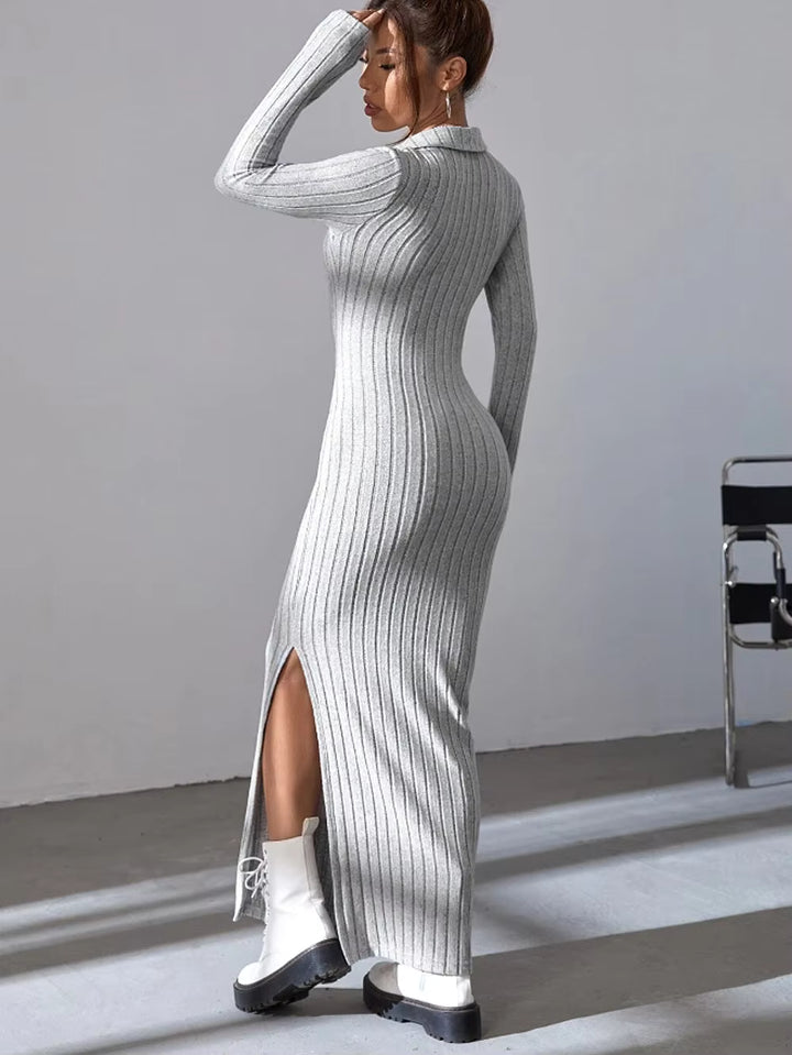 Kinsley Ribbed Collared Long Sleeve Sweater Maxi Dress