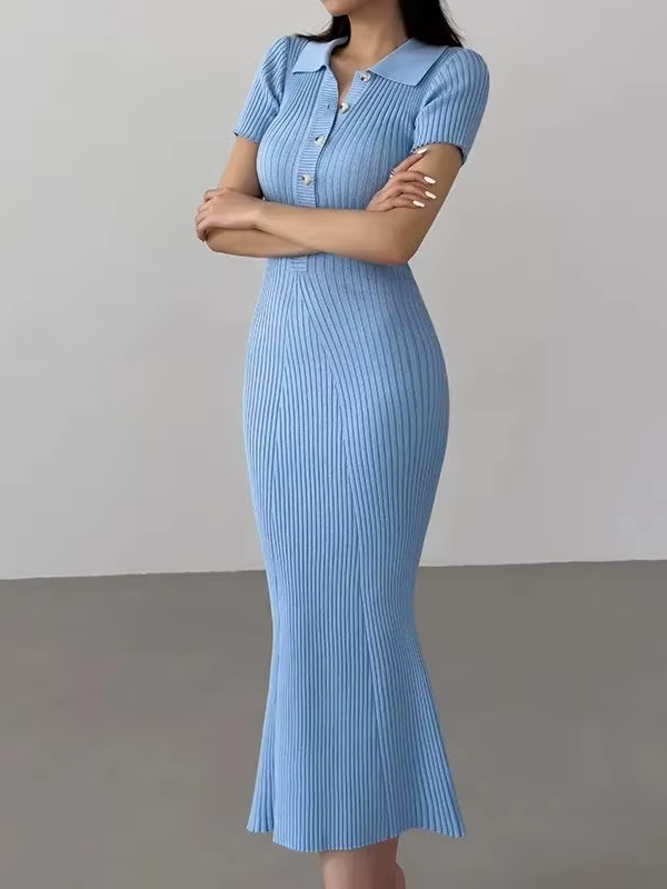 Teagan Ribbed Polo Button Front Sweater Midi Dress