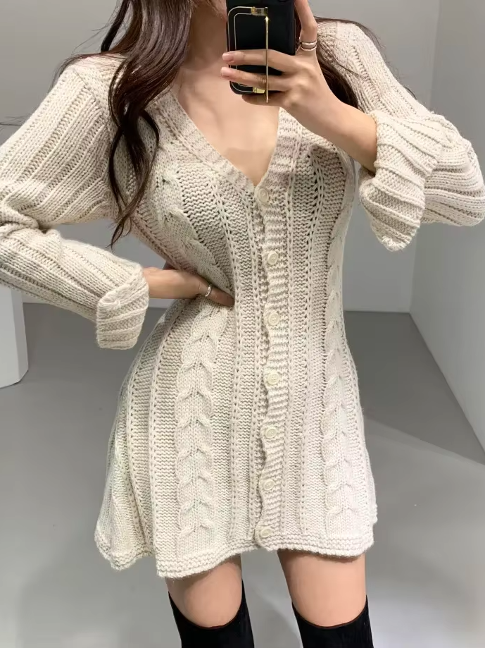 Everlyn Cable Knit Button Front Sweater Mini Dress