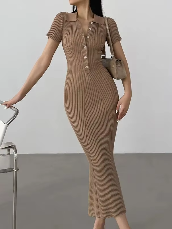 Teagan Ribbed Polo Button Front Sweater Midi Dress