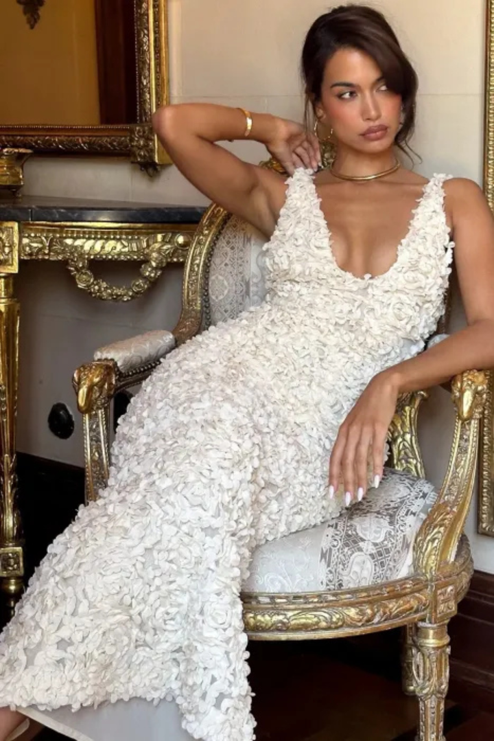 Celi White Floral V-Neck Maxi Dress