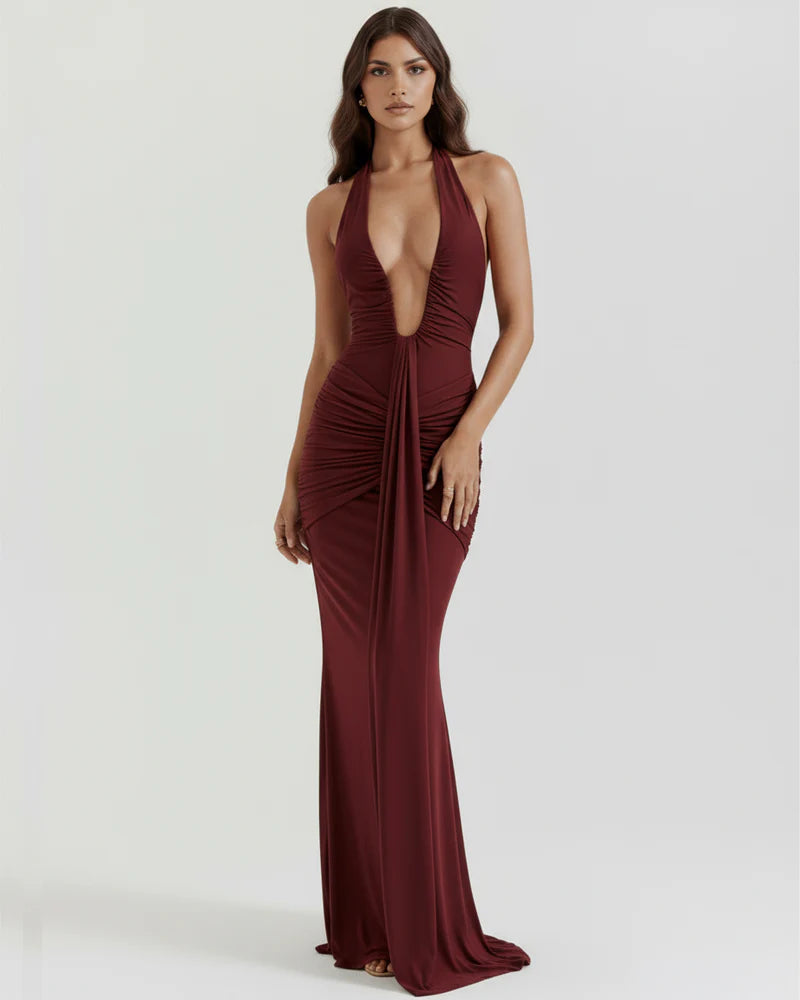 Zadie Ruched Halter Black Tie Wedding Guest Maxi Dress