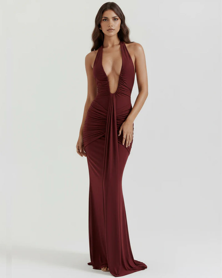 Zadie Ruched Halter Black Tie Wedding Guest Maxi Dress