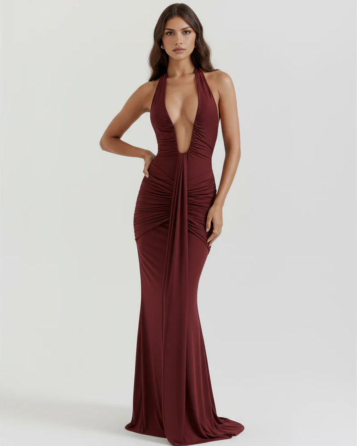 Zadie Ruched Halter Black Tie Wedding Guest Maxi Dress