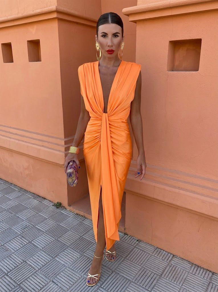 Lena Twisted Deep V Midi Dress