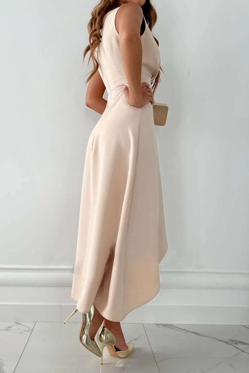 Selestine Draped V Neck Asymmetrical Midi Dress