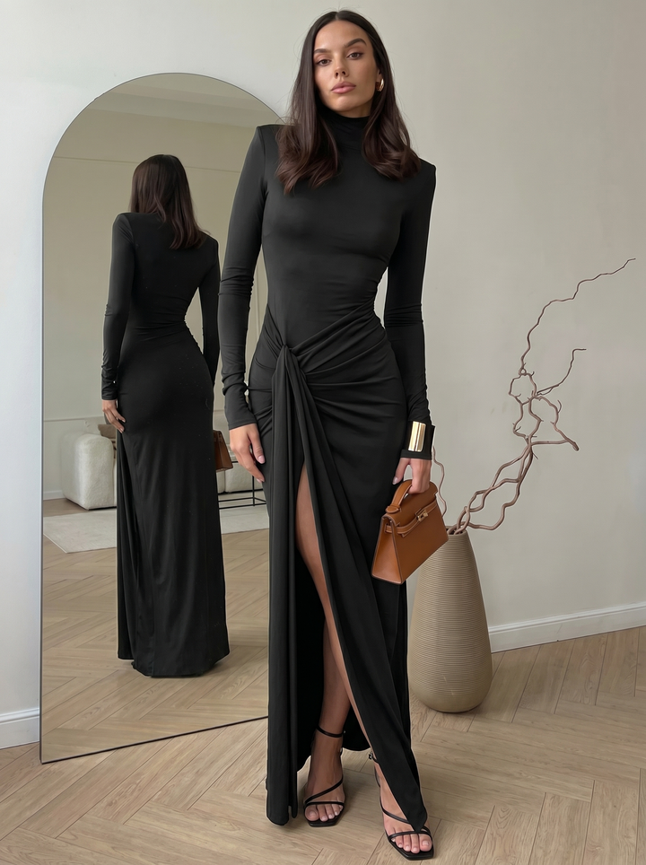 Elsie High-Slit Turtleneck Maxi Gown