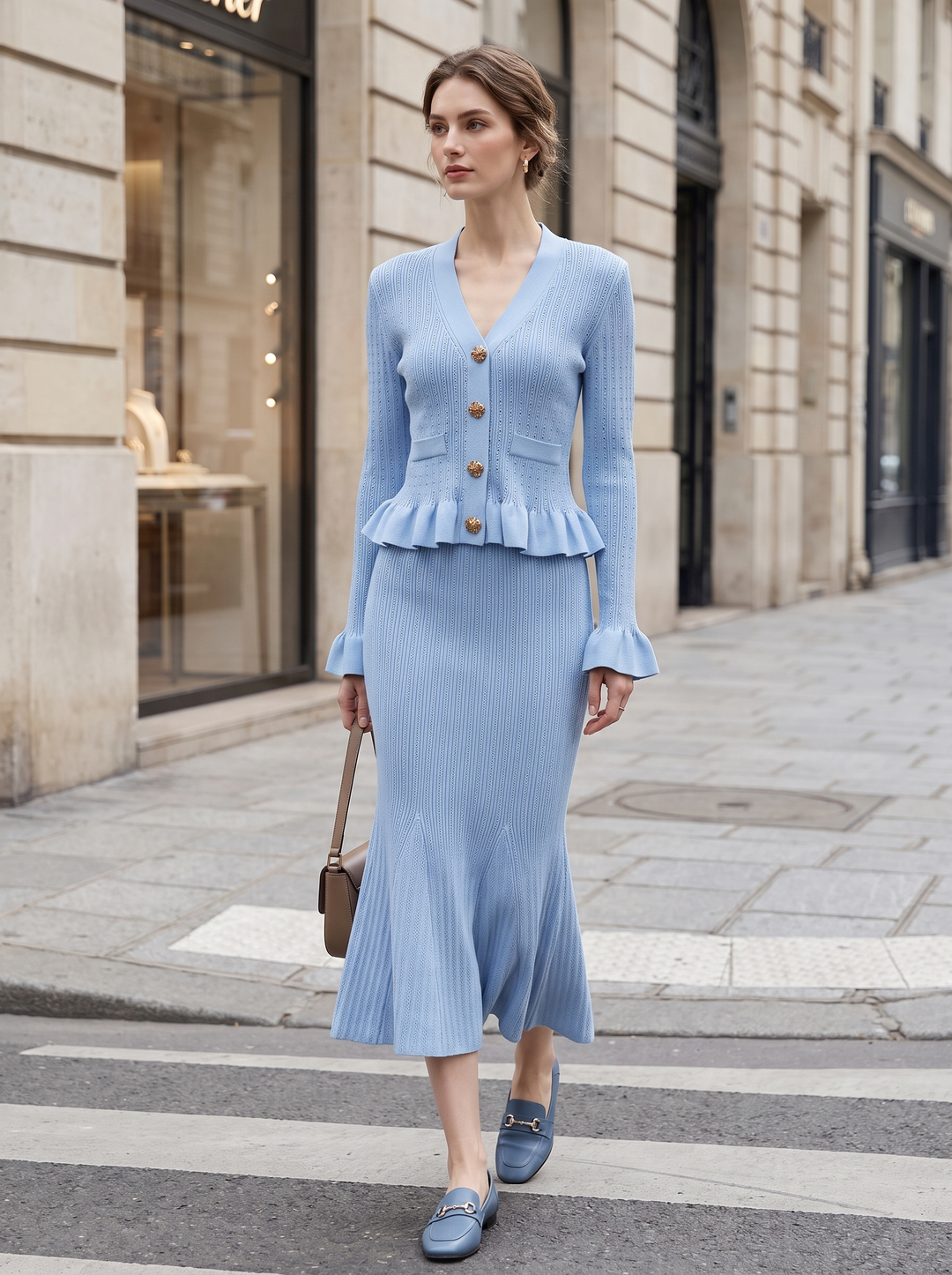 Reagan Ribbed Knit Peplum Cardigan Midi Skirt Set