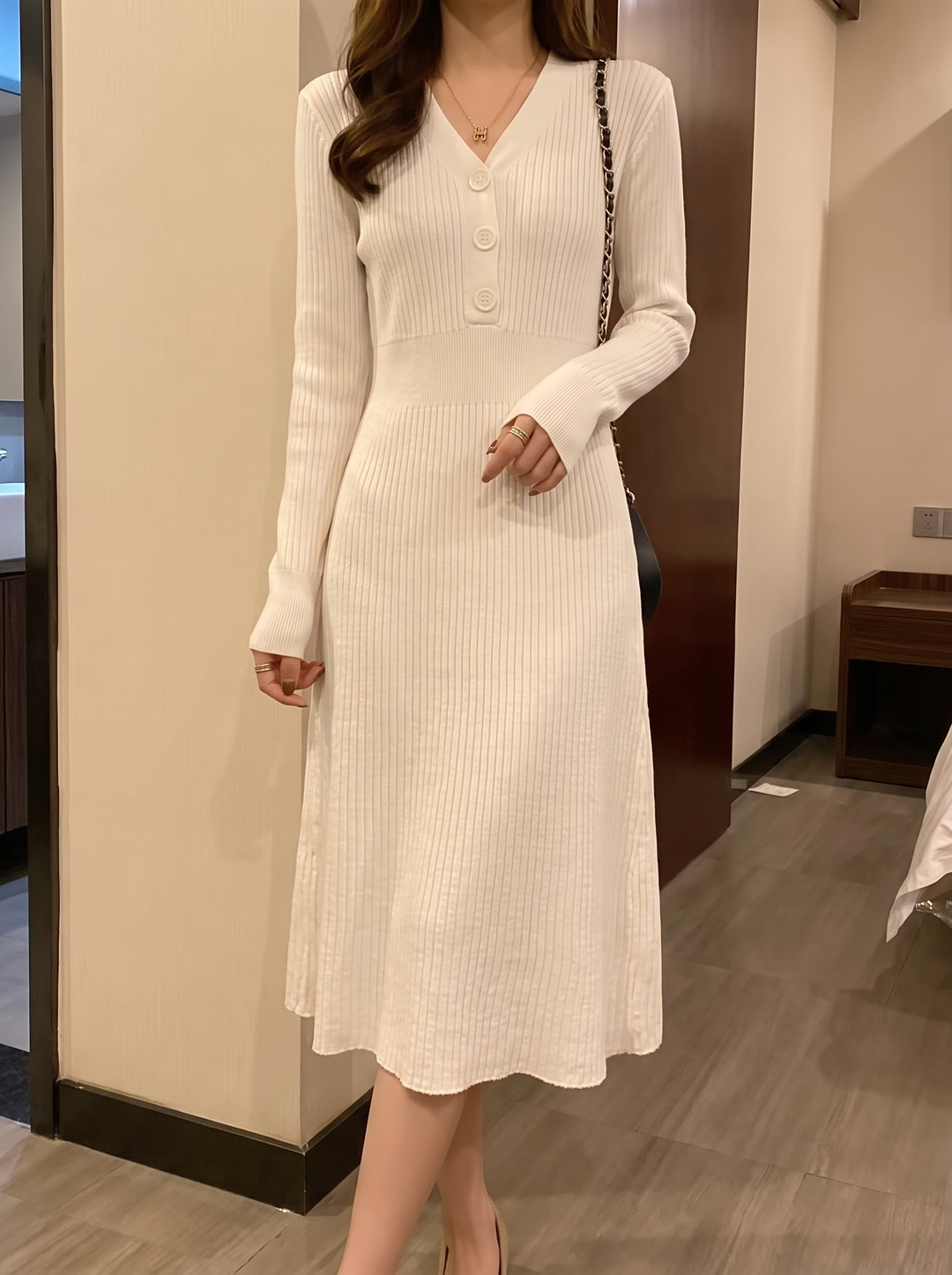 Saylor Button Front Ribbed Sweater Midi Dress