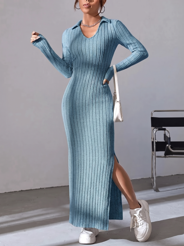 Kinsley Ribbed Collared Long Sleeve Sweater Maxi Dress