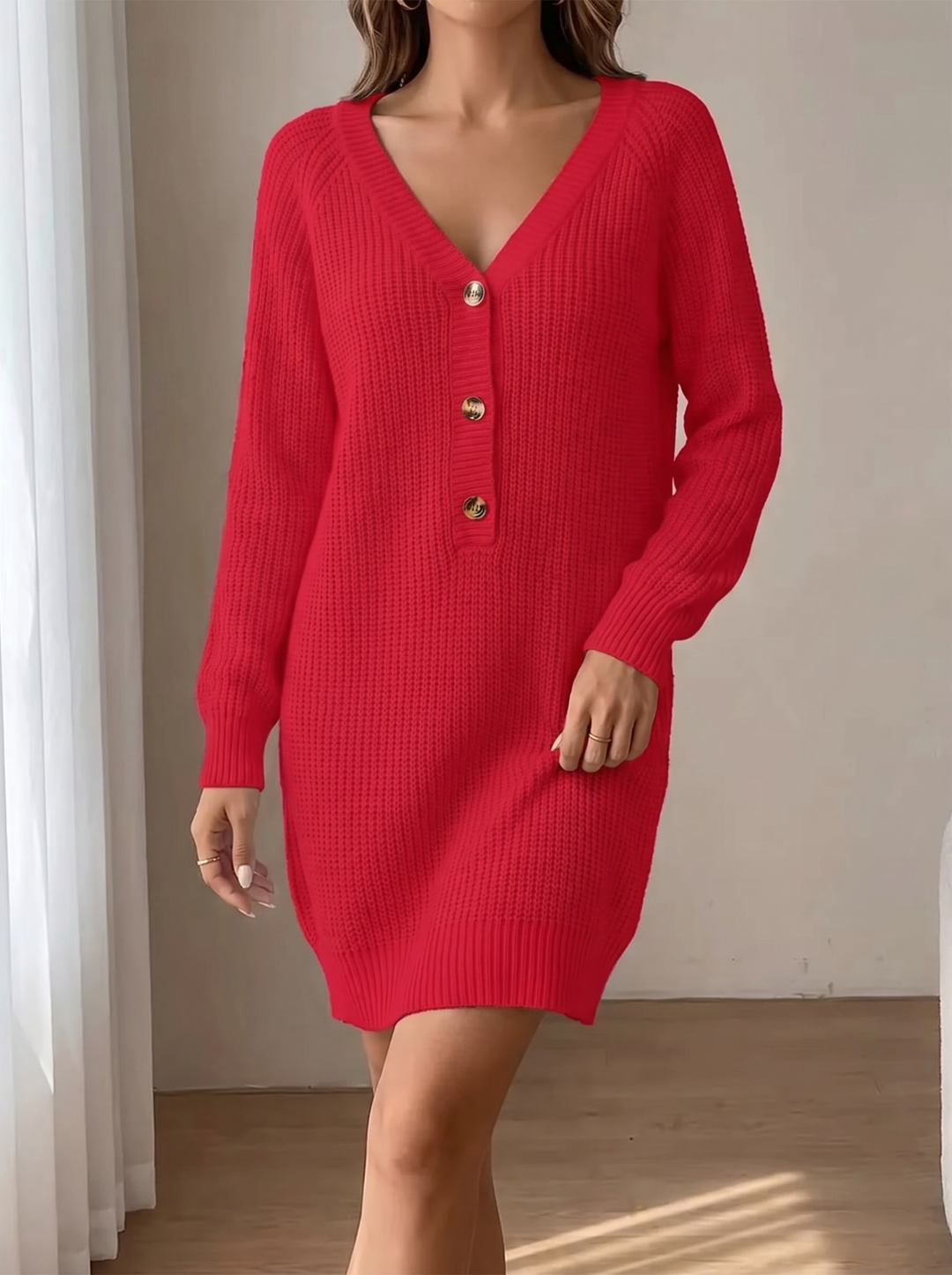 Blakely Button Front V-Neck Sweater Mini Dress