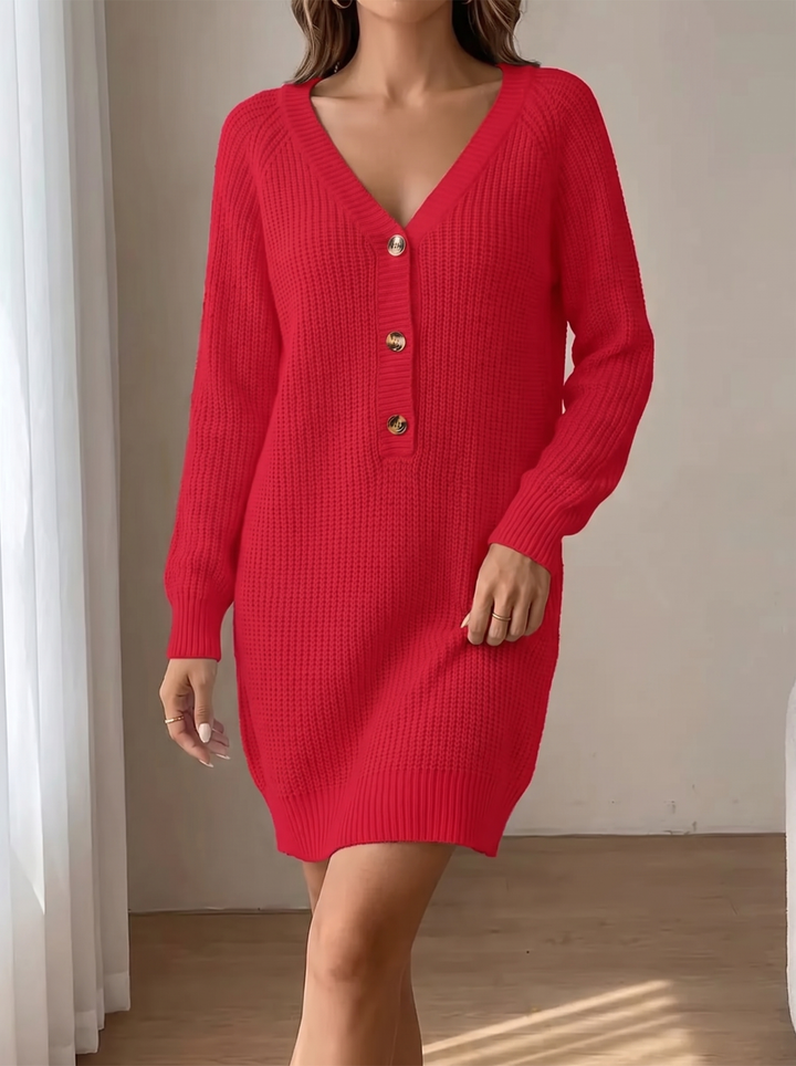Blakely Button Front V-Neck Sweater Mini Dress