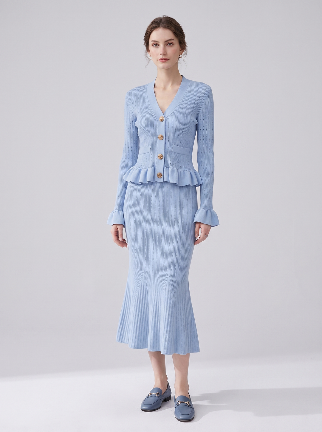 Reagan Ribbed Knit Peplum Cardigan Midi Skirt Set