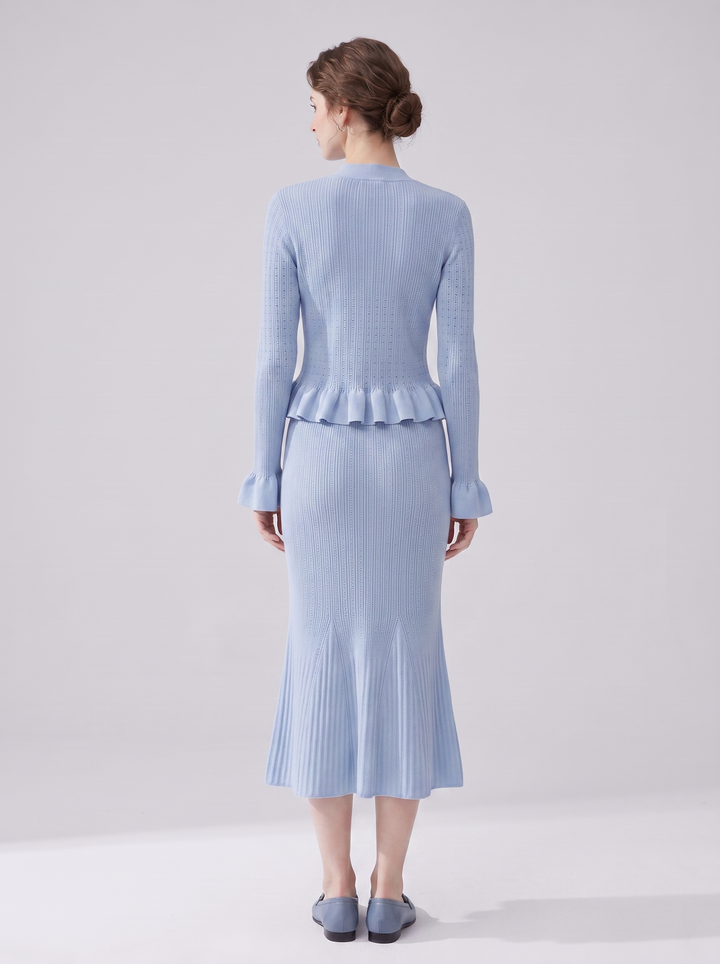 Reagan Ribbed Knit Peplum Cardigan Midi Skirt Set